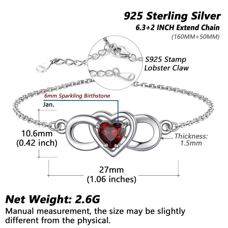 Chicsilver Dainty Infinity Sparkling Heart Shape Birthstone Cubic Zirconia 925 Sterling Silver Bracelets Birthday Gifts Jewelry for Women