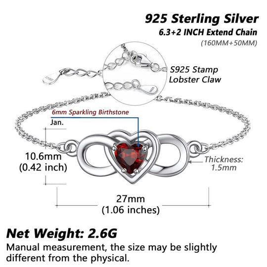 Chicsilver Dainty Infinity Sparkling Heart Shape Birthstone Cubic Zirconia 925 Sterling Silver Bracelets Birthday Gifts Jewelry for Women