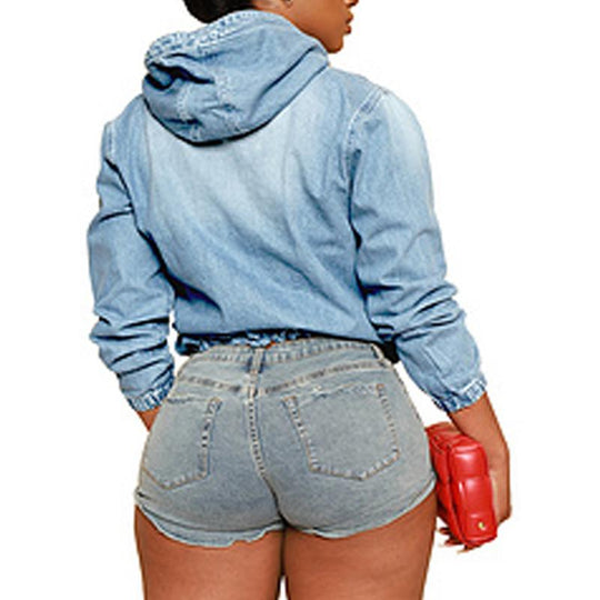 Women'S Half Zip Denim Hoodie Pullover Jacket Jean Tops