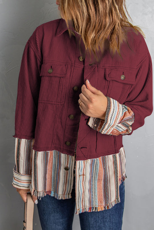 Double Take Striped Frayed Hem Corduroy Jacket