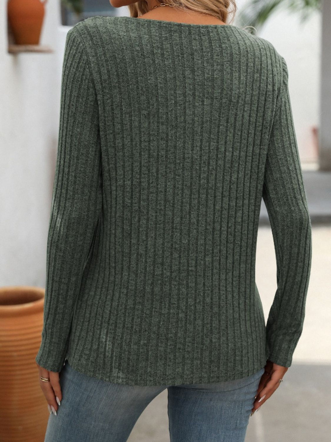 Ribbed V-Neck Long Sleeve T-Shirt