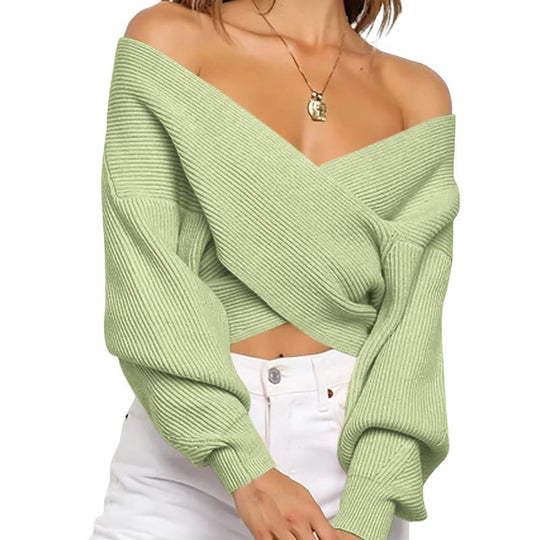 BTFBM Women'S Solid Color V Neck Long Sleeve Sweater with Cross Wrap Front and Asymmetric Hem - Comfort, Fashion