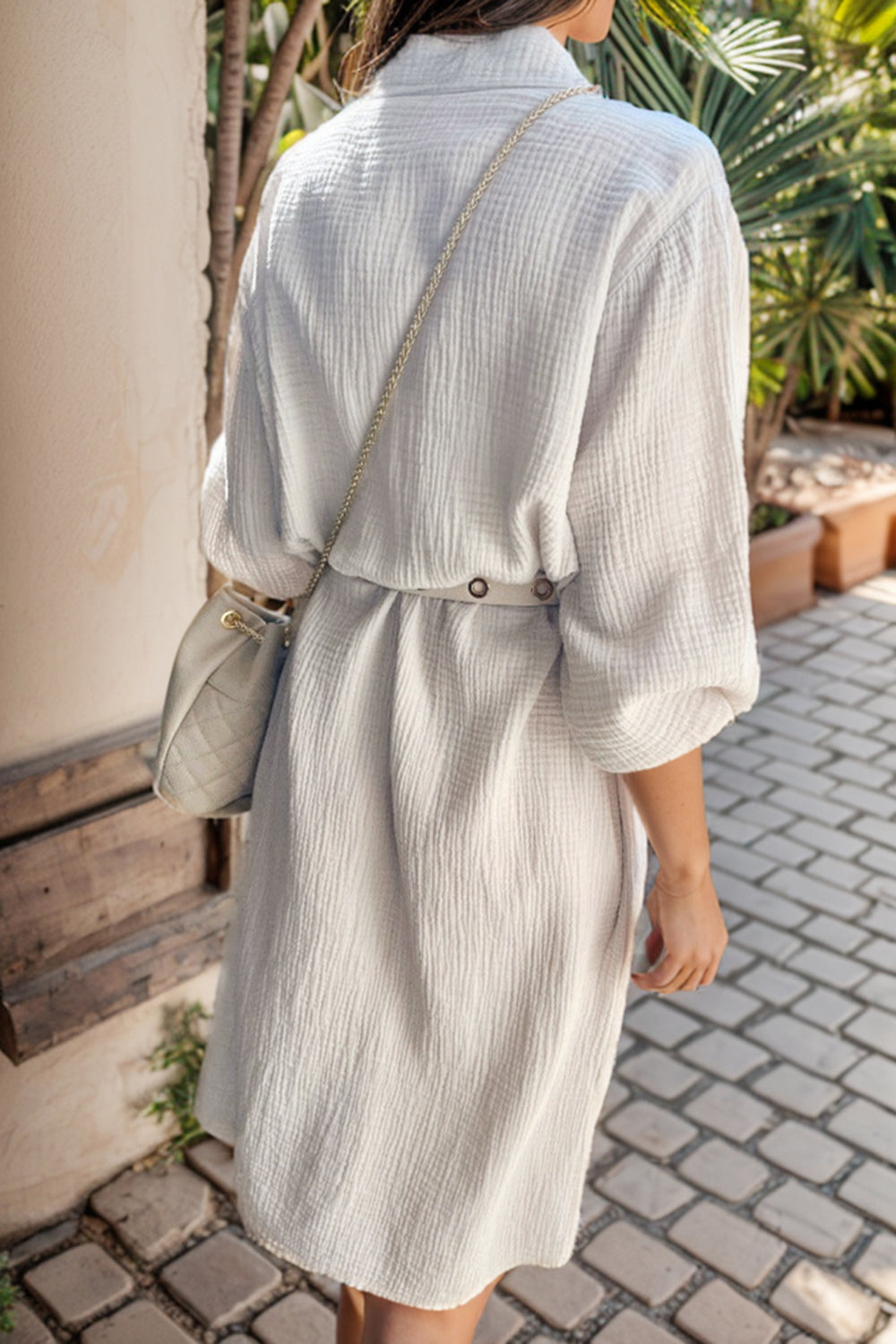 Texture Button Up Collared Neck Shirt Dress