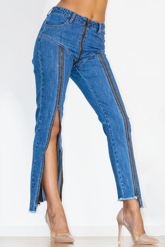 Zip Detail Slit Long Jeans