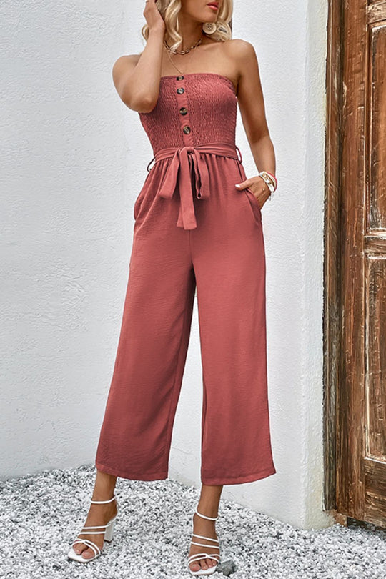 Decorative Button Strapless Smocked Jumpsuit with Pockets