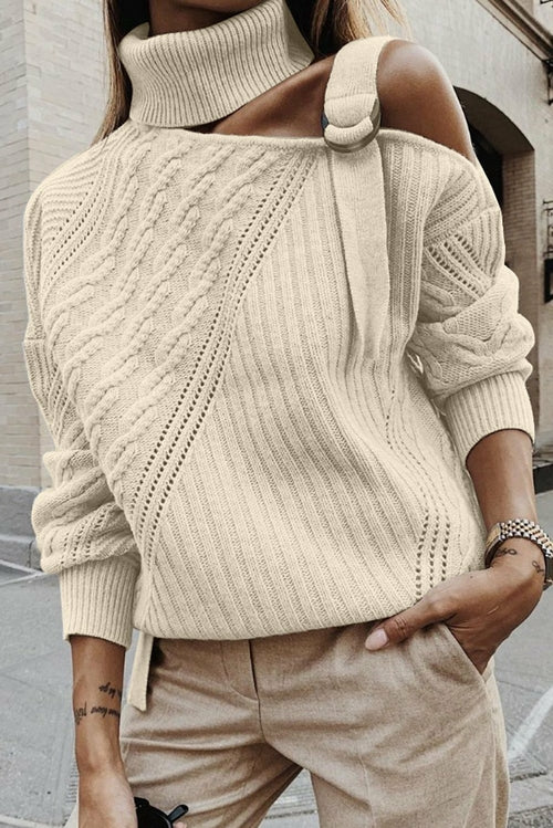 Women's Apricot Strapped Cut out Shoulder Turtleneck Sweater