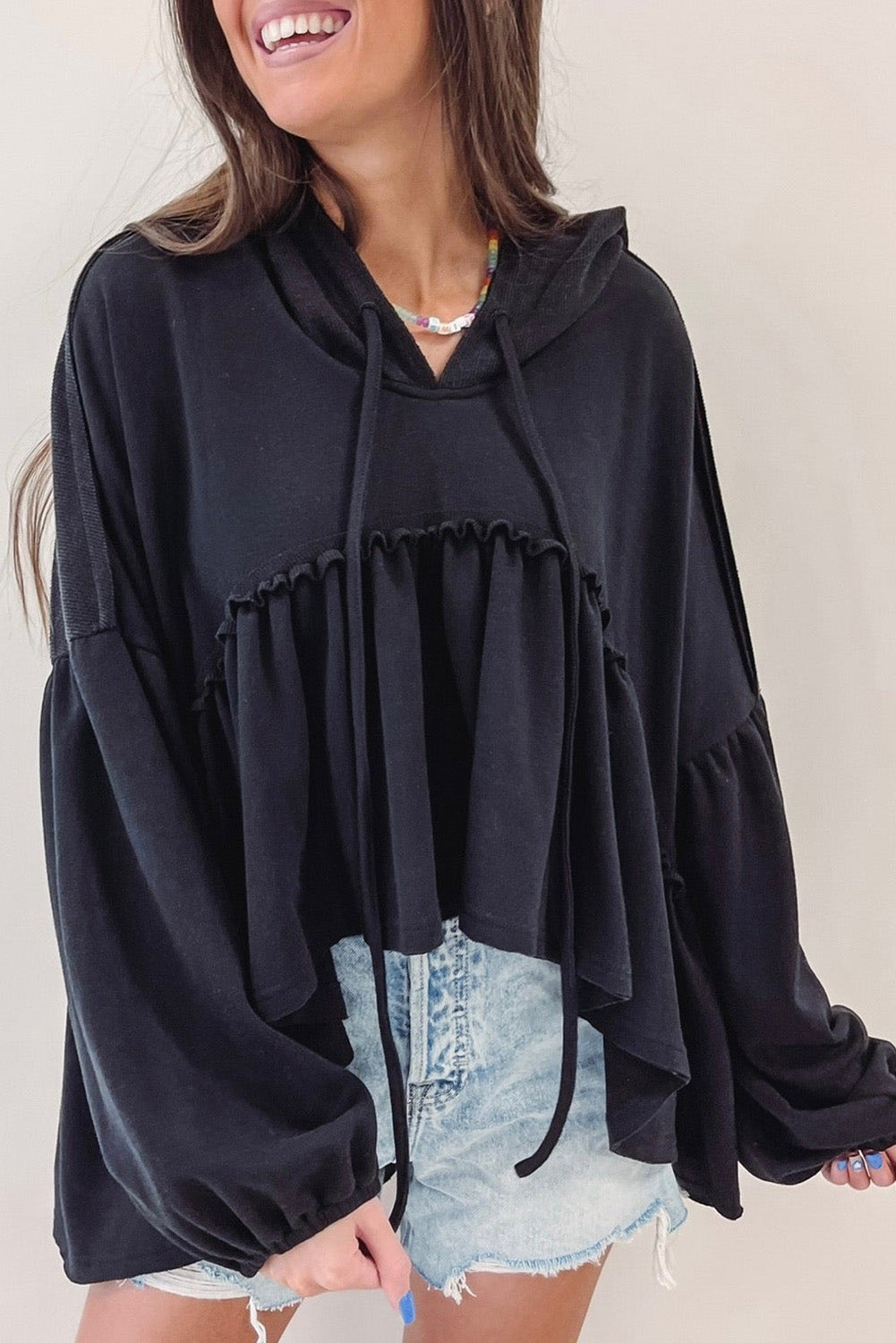 Drawstring High-Low Balloon Sleeve Hoodie