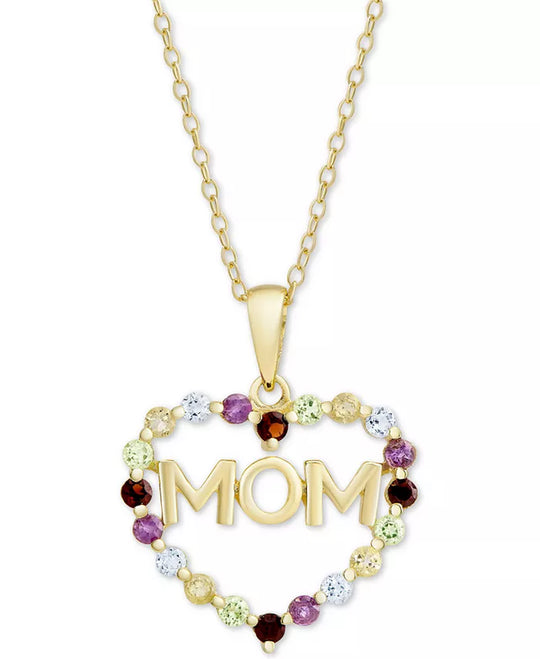 Multi-Gemstone Mom Heart 18" Pendant Necklace (7/8 Ct. T.W.) in 18K Gold-Plated Sterling Silver