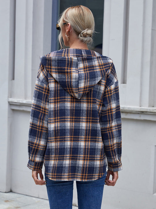 Plaid Button Up Long Sleeve Hooded Jacket