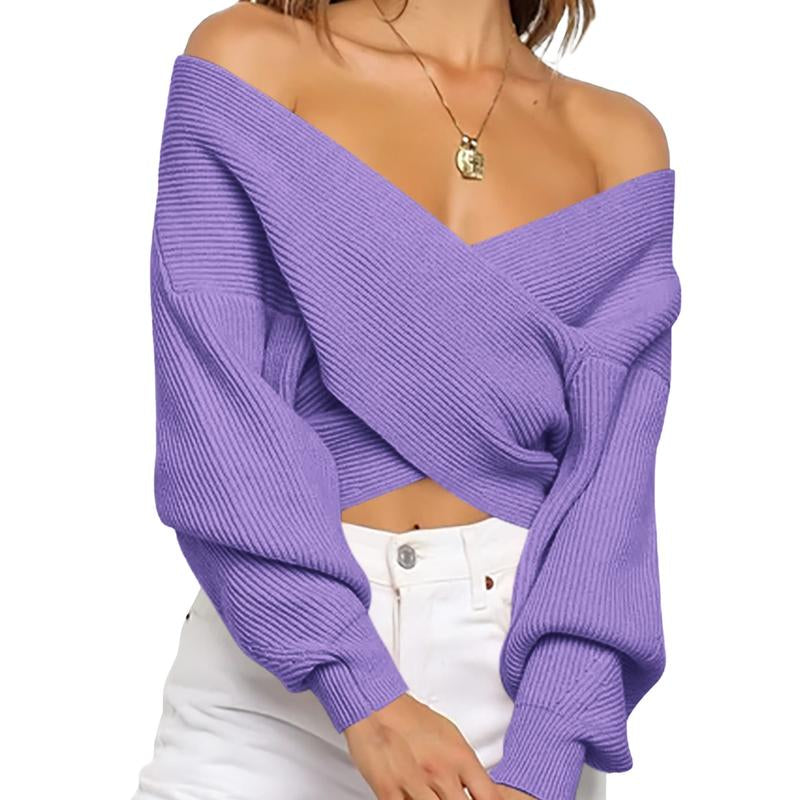 BTFBM Women'S Solid Color V Neck Long Sleeve Sweater with Cross Wrap Front and Asymmetric Hem - Comfort, Fashion