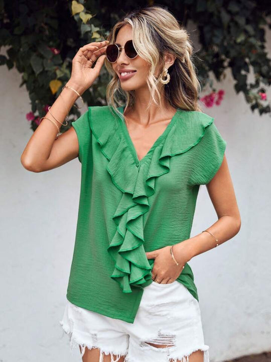 Ruffled V-Neck Short Sleeve Blouse