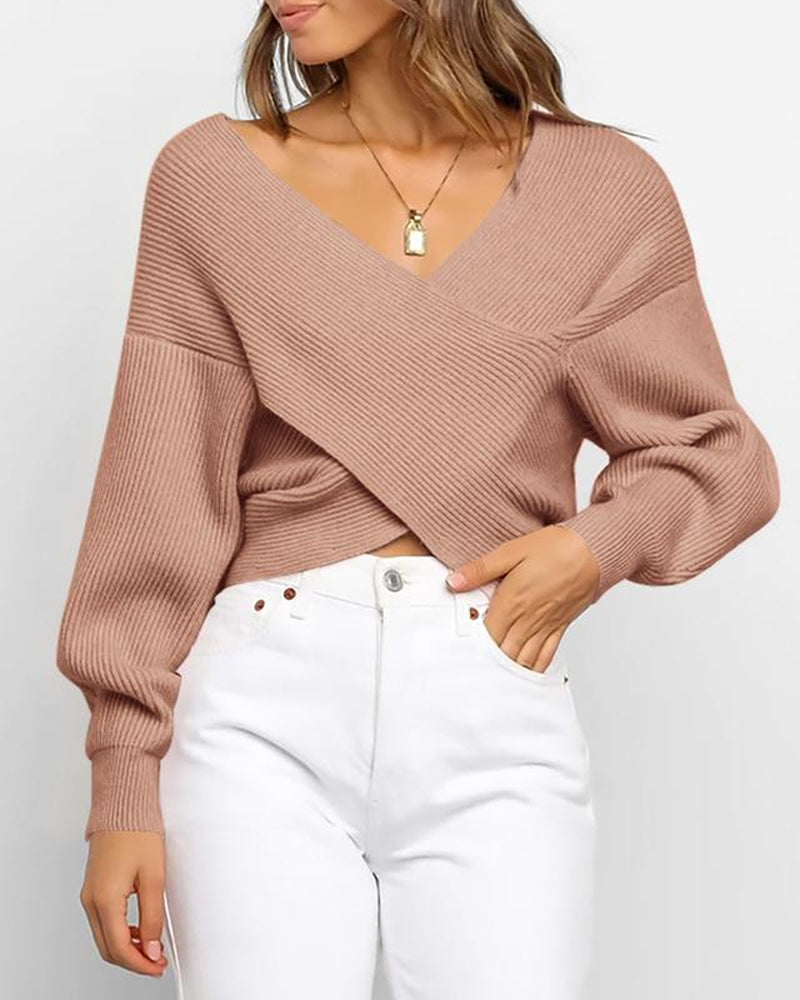 BTFBM Women'S Solid Color V Neck Long Sleeve Sweater with Cross Wrap Front and Asymmetric Hem - Comfort, Fashion