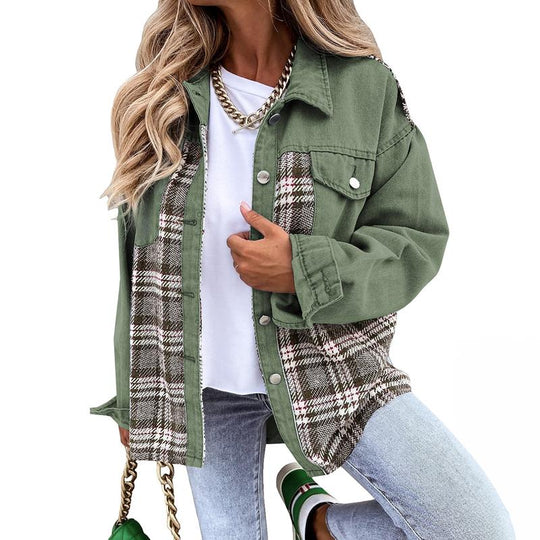 SHEWIN Women'S Denim Jacket Long Sleeve Plaid Button down Shacket Jacket Fabric Womenswear