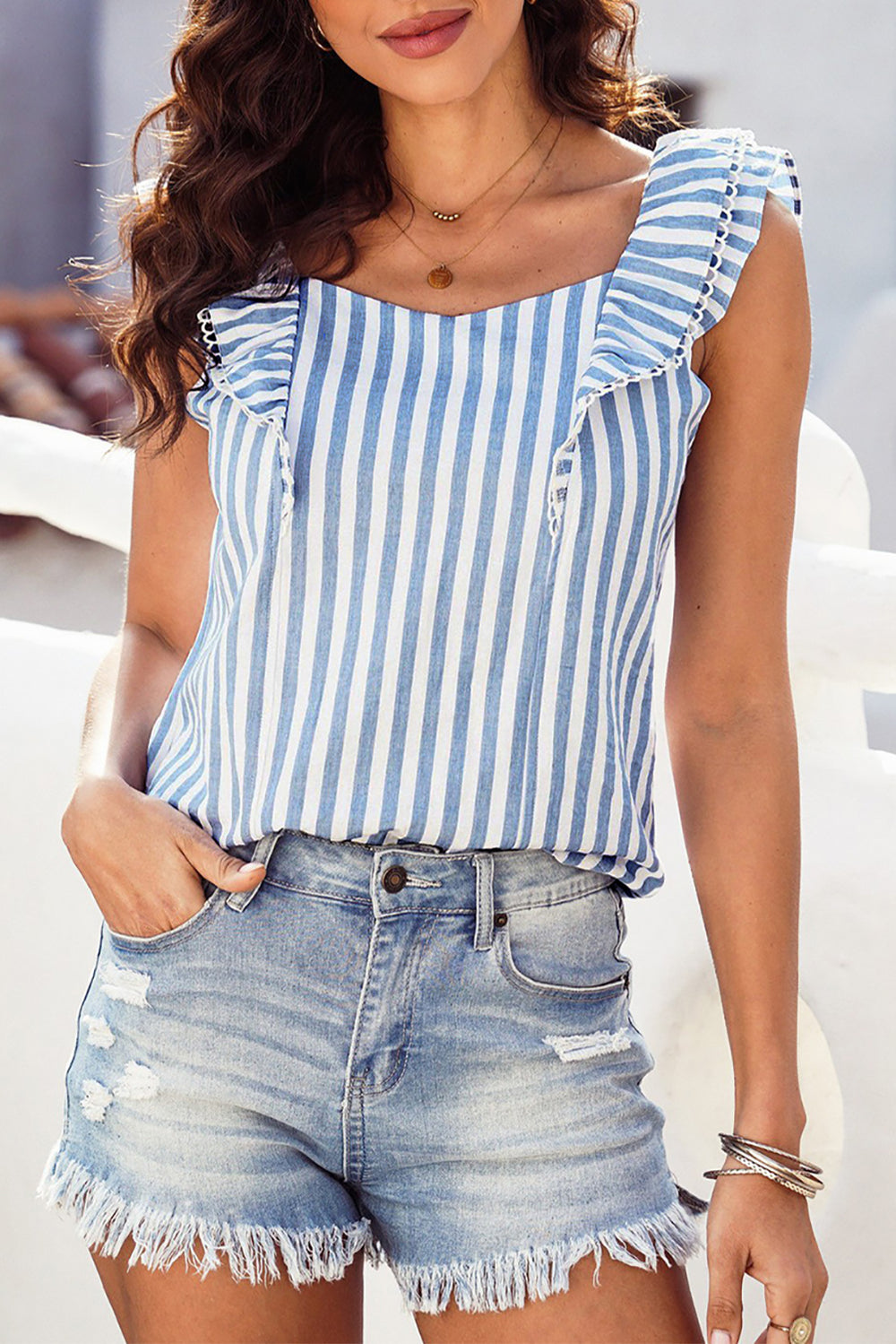 Striped Tie Back Ruffled Tank