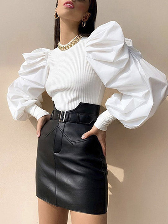 Round neck patchwork knitted blouse Female long