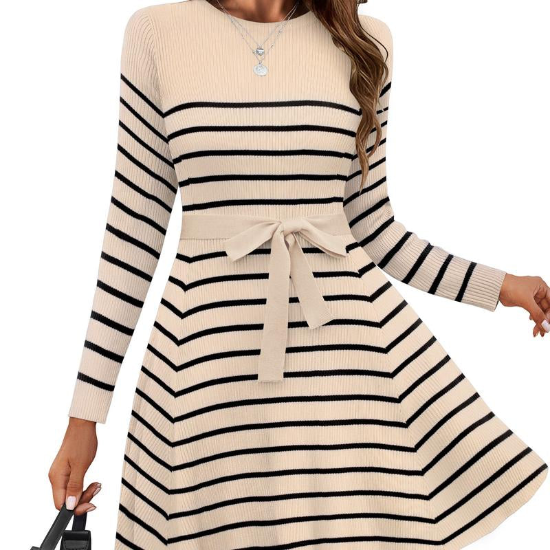 HOTOUCH Women'S Fall Winter Casual Dress Crewneck Long Sleeve A-Line Sweater Dress Bodycon Ribbed Knit Dress with Belt Fabric Fit Womenswear Birthday Bag Coat Fashion Festival Slim Spring