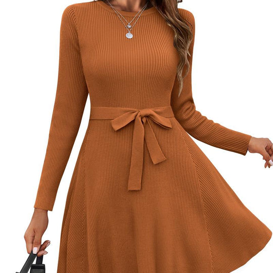 HOTOUCH Women'S Fall Winter Casual Dress Crewneck Long Sleeve A-Line Sweater Dress Bodycon Ribbed Knit Dress with Belt Fabric Fit Womenswear Birthday Bag Coat Fashion Festival Slim Spring