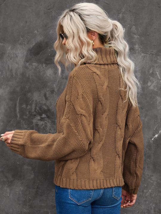 Cable-Knit Turtleneck Dropped Shoulder Sweater