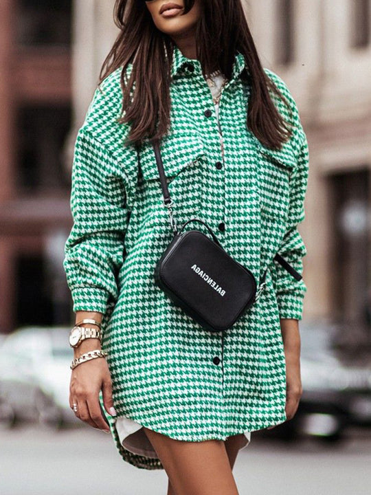 Houndstooth Button Up Dropped Shoulder Jacket