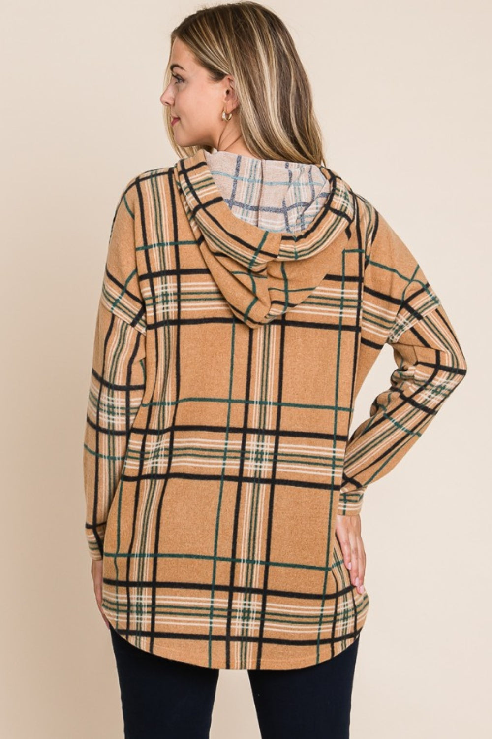 BOMBOM Drawstring Plaid Long Sleeve Hoodie