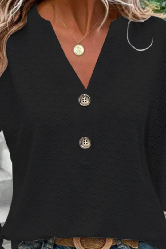 Eyelet Notched Long Sleeve T-Shirt