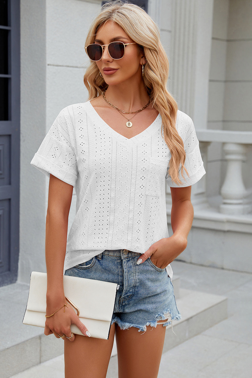 Eyelet V-Neck Short Sleeve T-Shirt