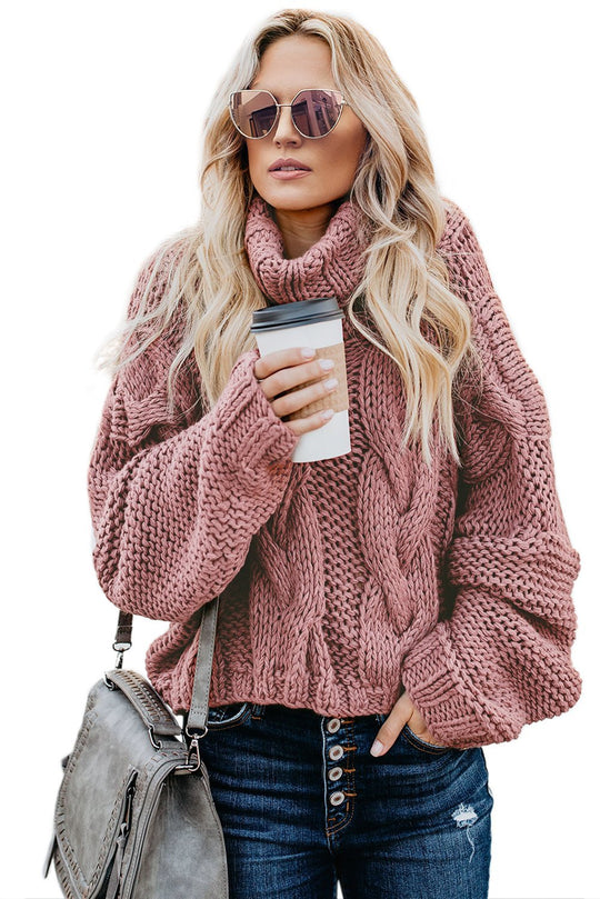 Winter Pink Cuddle Weather Cable Knit Handmade Turtleneck Sweater