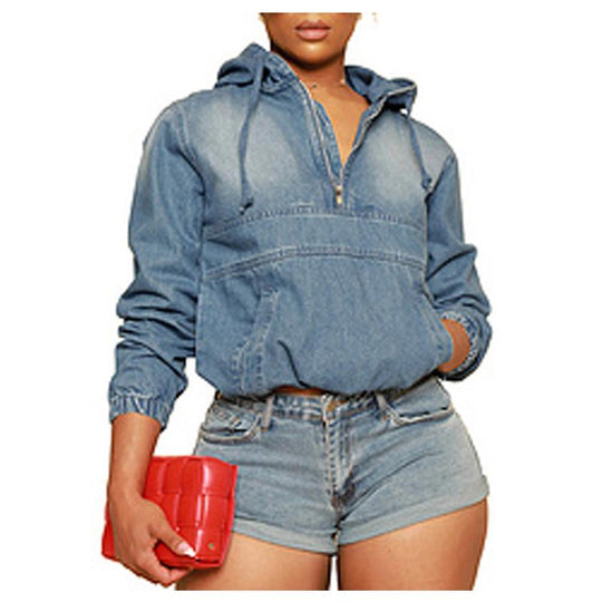 Women'S Half Zip Denim Hoodie Pullover Jacket Jean Tops