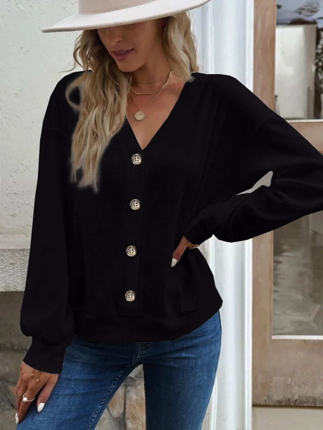 V-Neck Dropped Shoulder Blouse