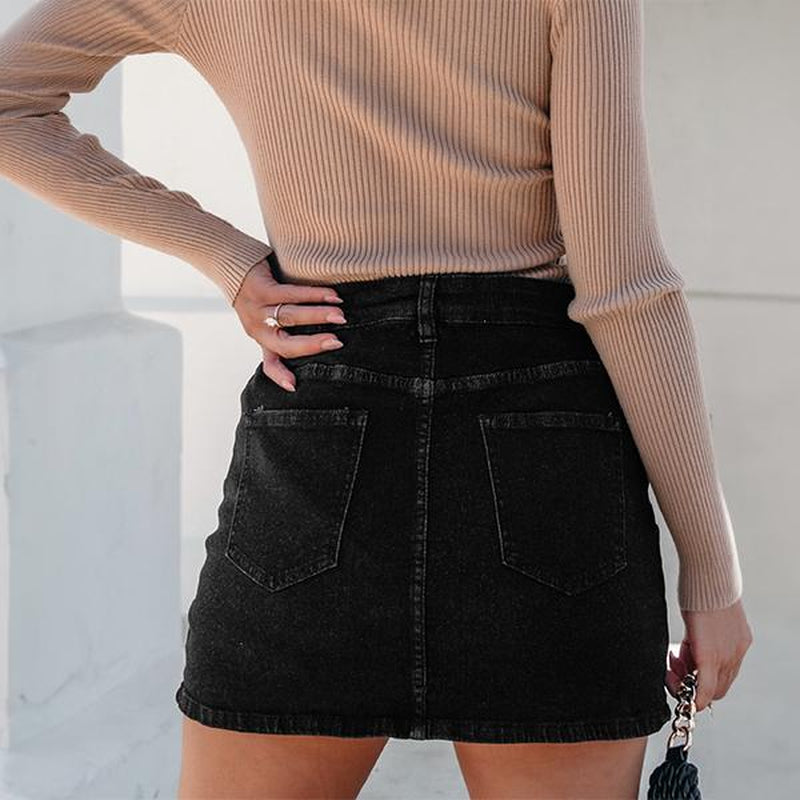 Luvamia Skorts Skirts for Women Denim Mini Skirt Side Slit with High Waisted Jean Shorts Stretchy