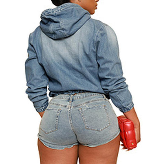 Women'S Half Zip Denim Hoodie Pullover Jacket Jean Tops