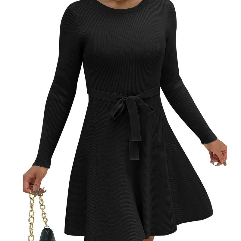 HOTOUCH Women'S Fall Winter Casual Dress Crewneck Long Sleeve A-Line Sweater Dress Bodycon Ribbed Knit Dress with Belt Fabric Fit Womenswear Birthday Bag Coat Fashion Festival Slim Spring