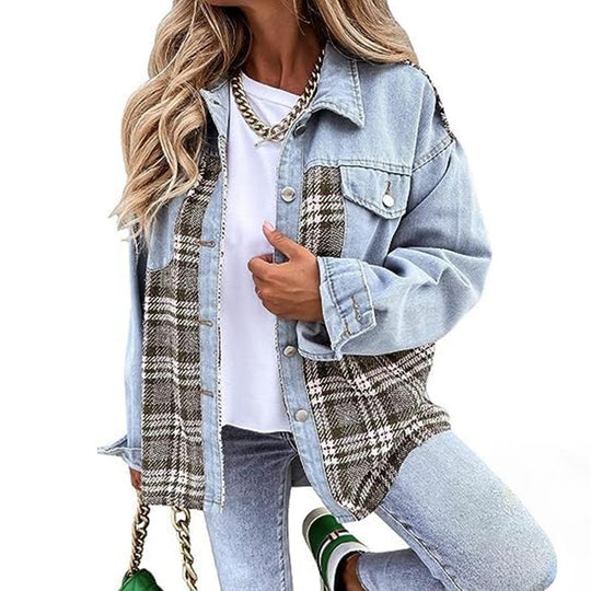 SHEWIN Women'S Denim Jacket Long Sleeve Plaid Button down Shacket Jacket Fabric Womenswear