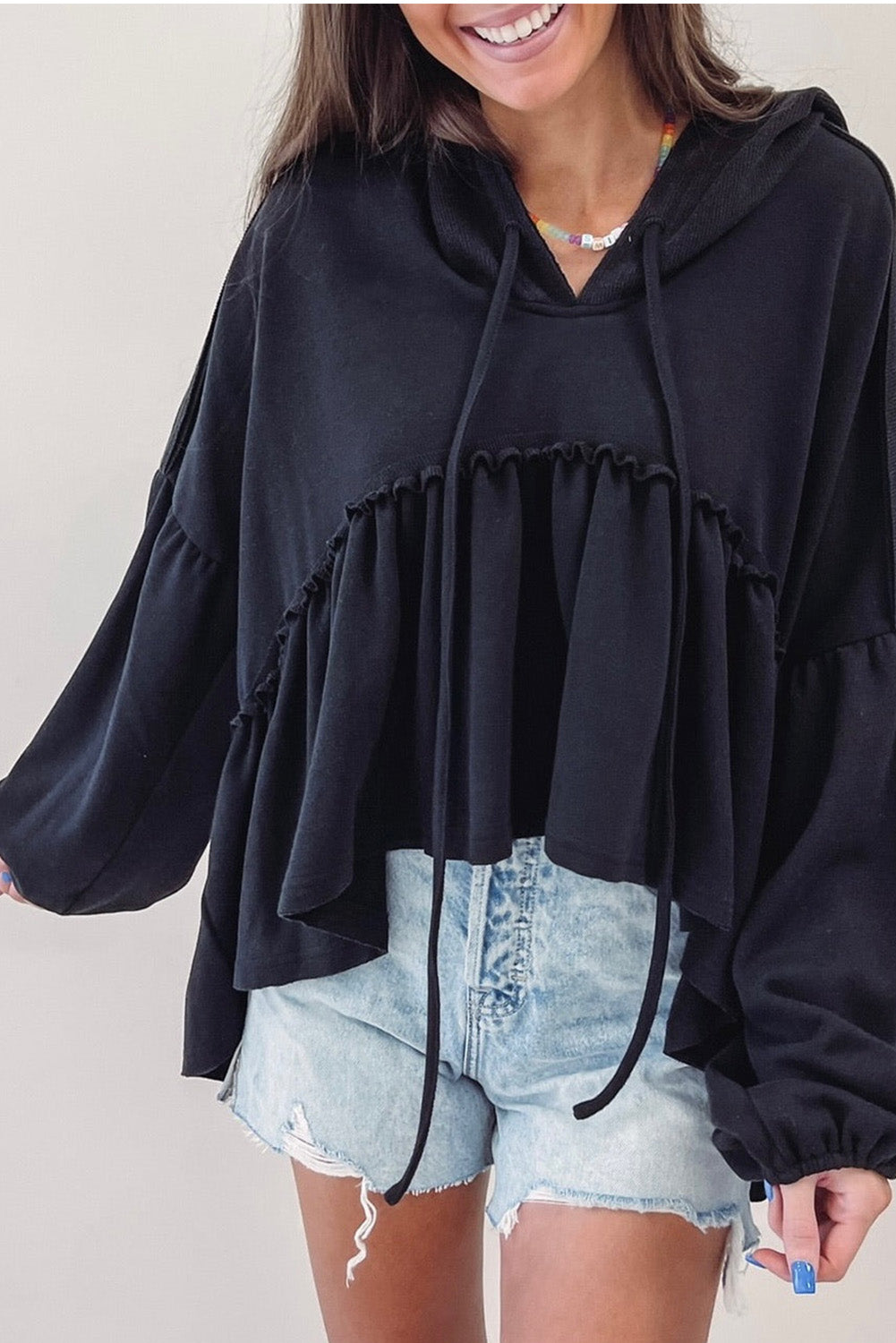 Drawstring High-Low Balloon Sleeve Hoodie