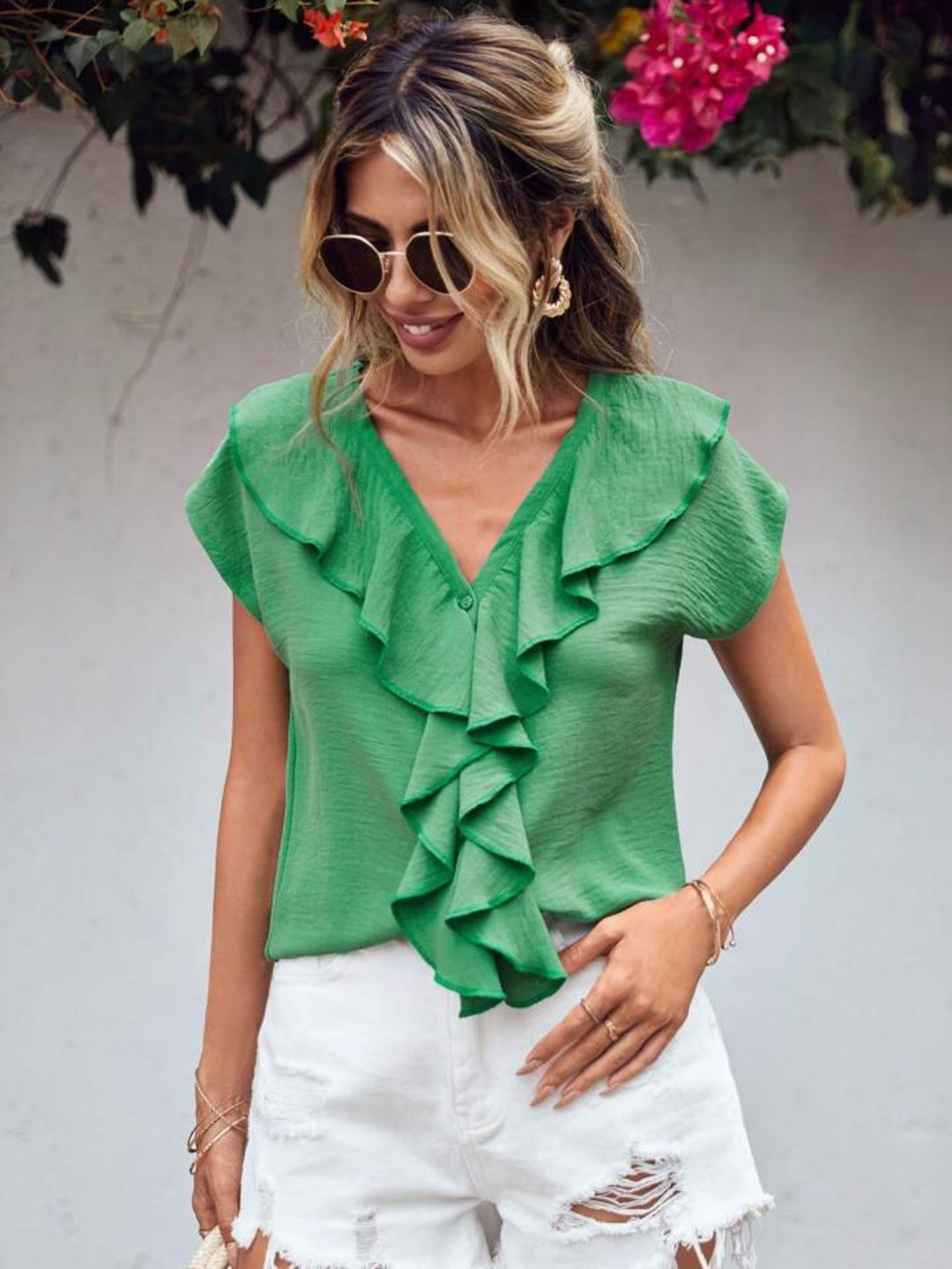 Ruffled V-Neck Short Sleeve Blouse