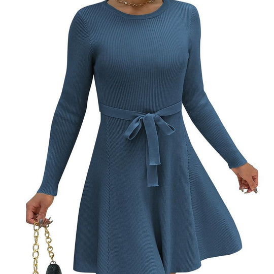 HOTOUCH Women'S Fall Winter Casual Dress Crewneck Long Sleeve A-Line Sweater Dress Bodycon Ribbed Knit Dress with Belt Fabric Fit Womenswear Birthday Bag Coat Fashion Festival Slim Spring