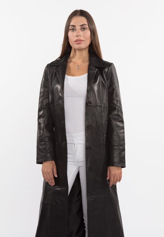 Ladies 3 Button Matrix Black Full Length Leather Coat