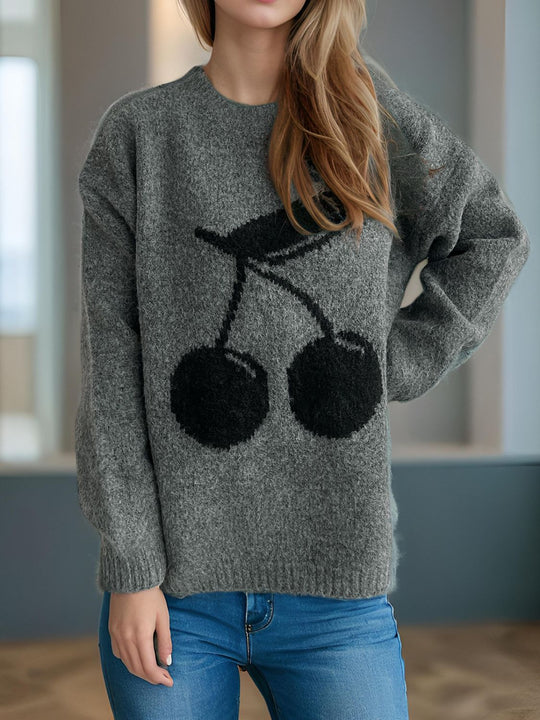 Cherry Round Neck Long Sleeve Sweater