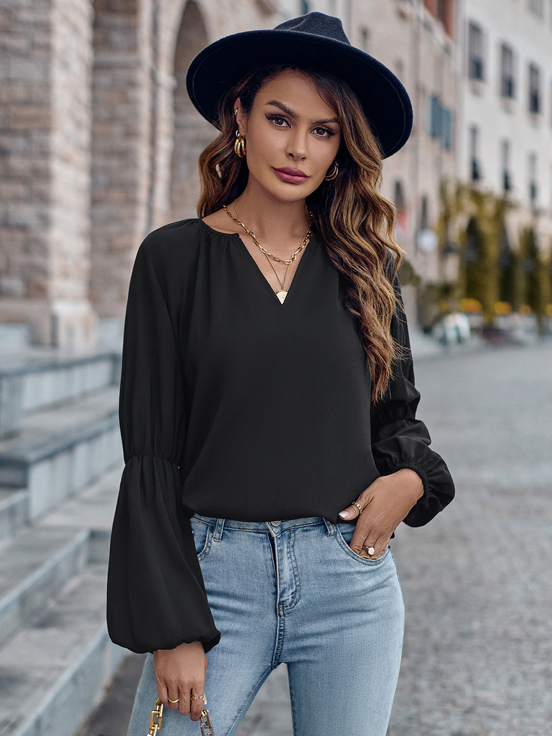 Notched Neck Long Sleeve Top