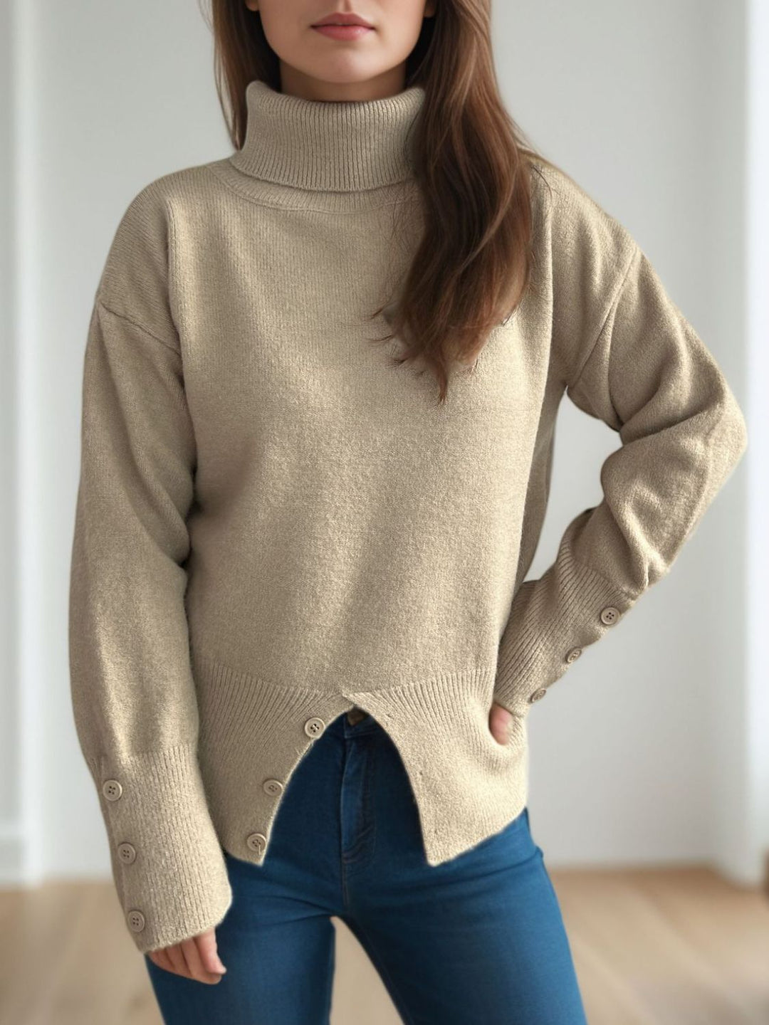 Front Slit Decorative Button Turtleneck Sweater