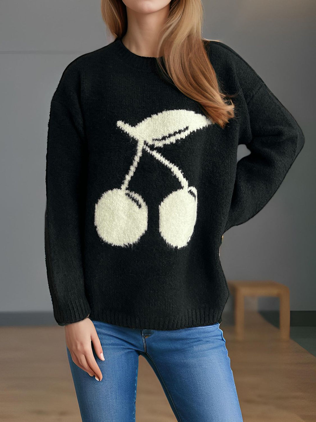 Cherry Round Neck Long Sleeve Sweater