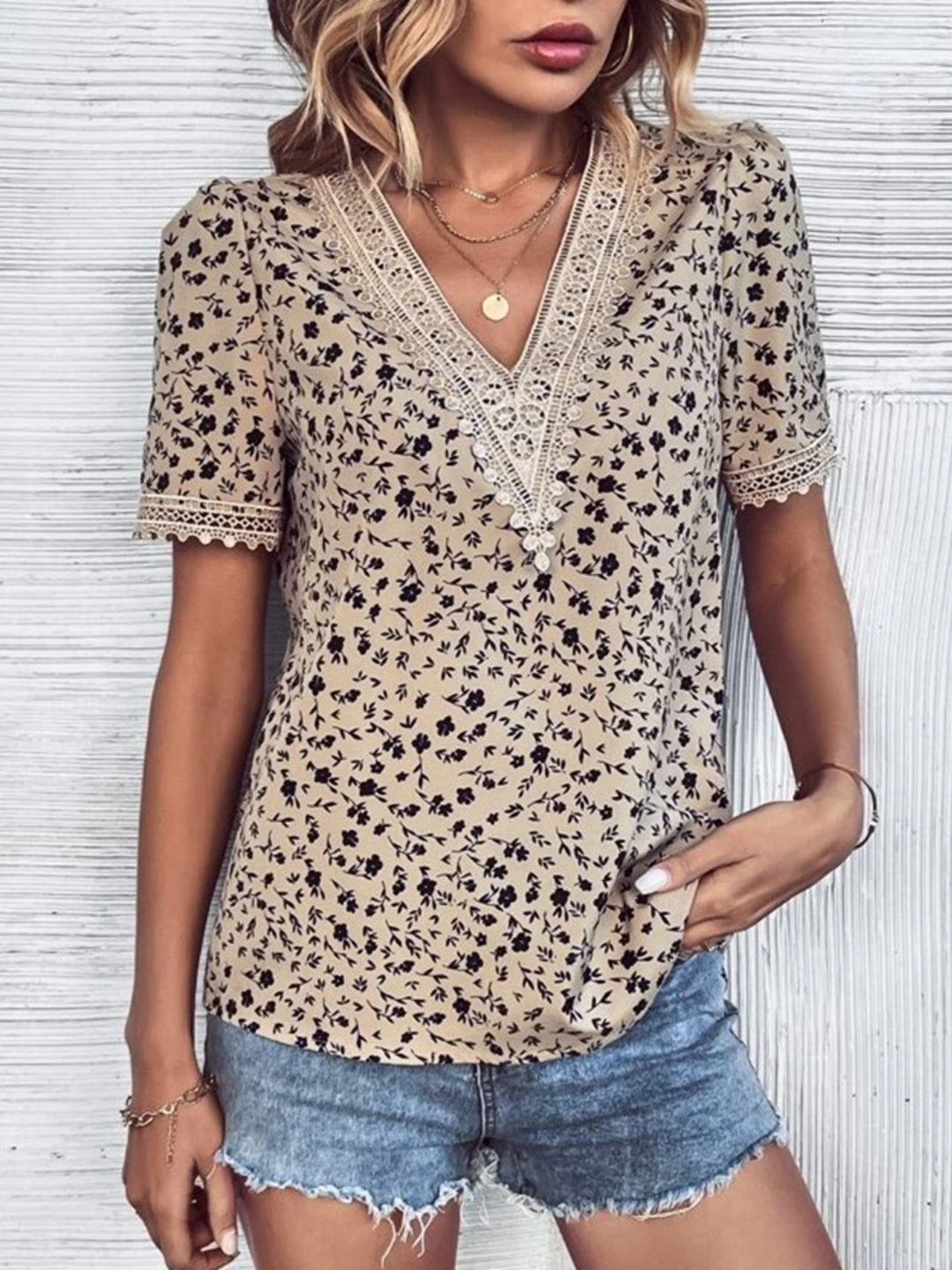 -Neck Short Sleeve Blouse