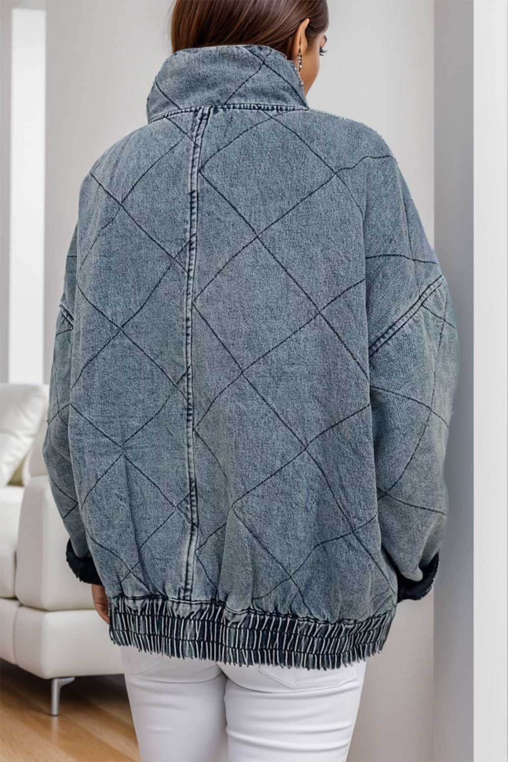 Pocketed Zip Up Dropped Shoulder Denim Jacket