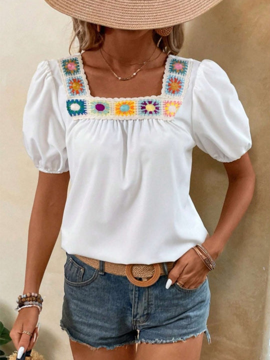 Crochet Square Neck Short Sleeve Blouse