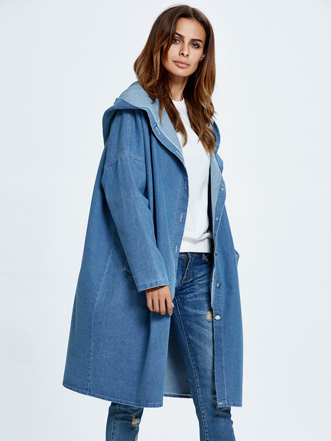 Button Up Dropped Shoulder Hooded Denim Top