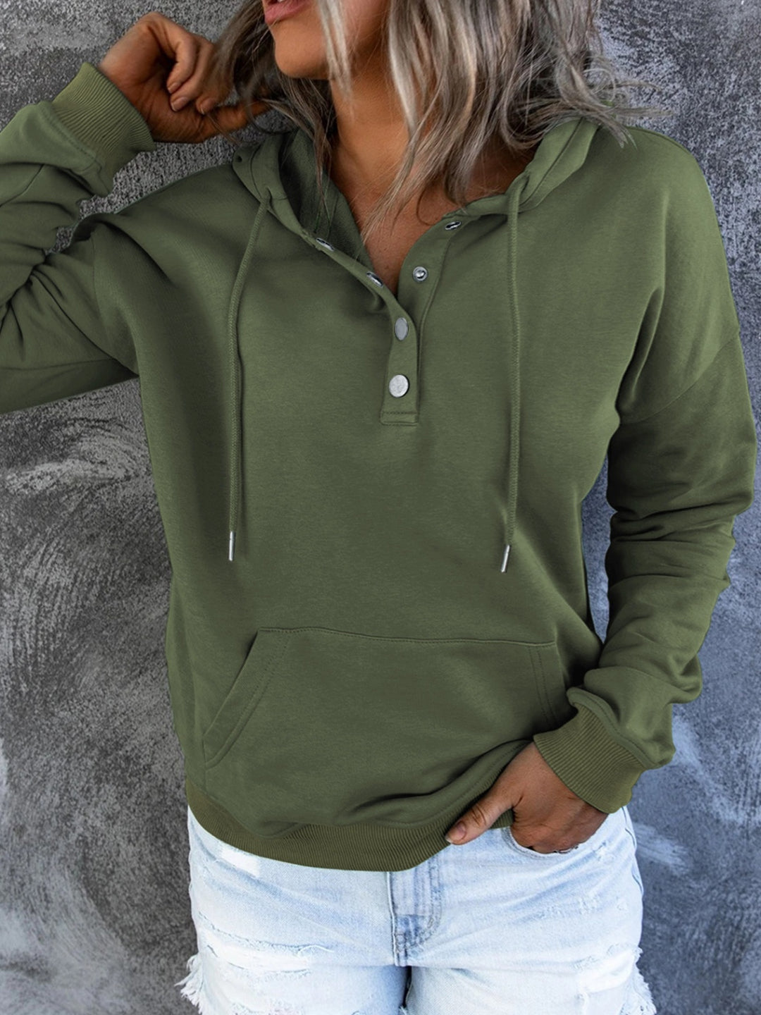 Half Snap Drawstring Long Sleeve Hoodie