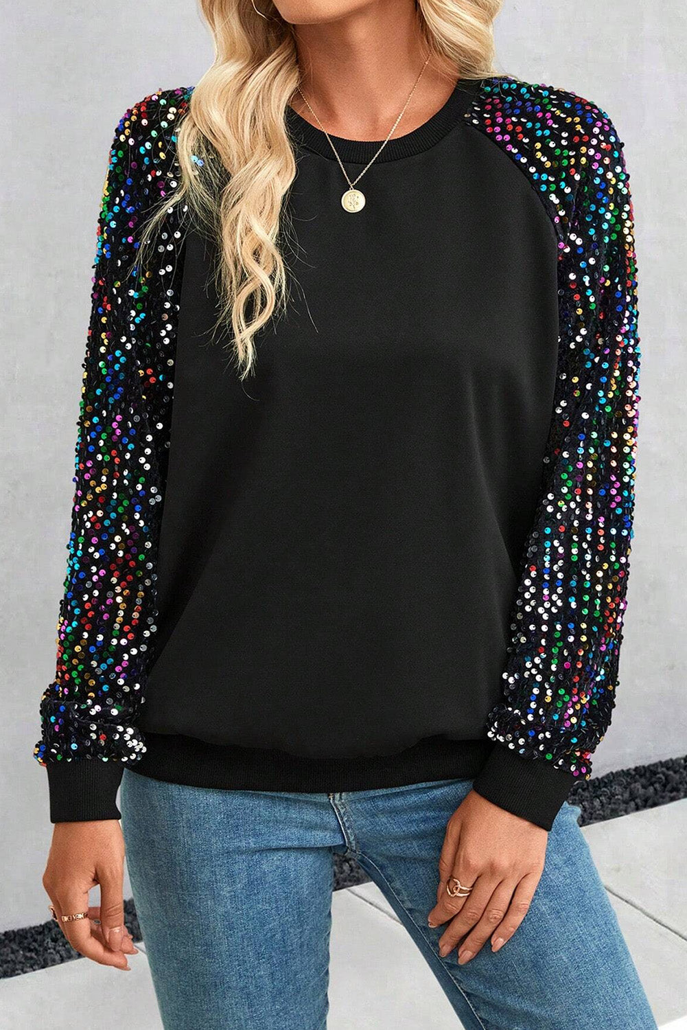 Sequin Round Neck Long Sleeve Blouse