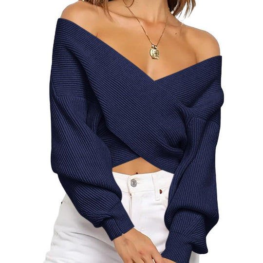 BTFBM Women'S Solid Color V Neck Long Sleeve Sweater with Cross Wrap Front and Asymmetric Hem - Comfort, Fashion