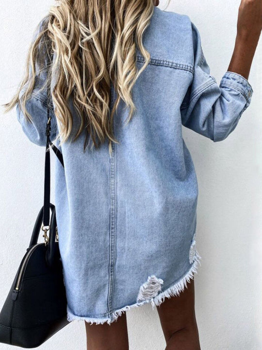 Raw Hem Collared Neck Long Sleeve Denim Jacket