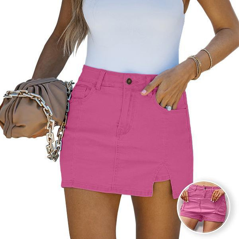 Luvamia Skorts Skirts for Women Denim Mini Skirt Side Slit with High Waisted Jean Shorts Stretchy